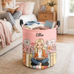 Cesta de la ropa de gran capacidad con diseño personalizado de personajes de lectura en estilo 3D y nombre, ideal como decoración para el hogar o regalo de cumpleaños para los amantes de la lectura