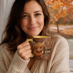 Tasse à café en céramique de 11 oz, motif vintage personnalisé « vache des Highlands » en cuir, avec prénom – Cadeau d'anniversaire pour un usage quotidien, destiné aux amateurs de vaches des Highland