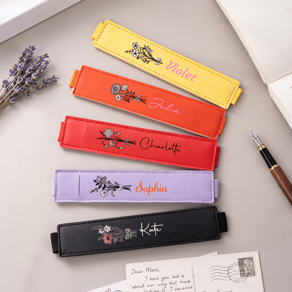 Personalized Birth Flower PU Leather Pen Cover Bookmark with Name Reading Souvenir Birthday Gift for Book Lovers Bookworms