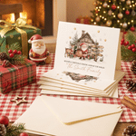 Gepersonaliseerde wenskaart met aquarelafbeelding van de Kerstman en rendieren, met 1 tot 9 namen, tekst en familienaam – kerst- en nieuwjaarscadeau voor familie en vrienden