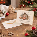 Gepersonaliseerde wenskaart met aquarelafbeelding van de Kerstman en rendieren, met 1 tot 9 namen, tekst en familienaam – kerst- en nieuwjaarscadeau voor familie en vrienden