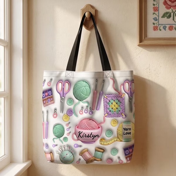 Bolso tote personalizado con nombre efecto 3D y diseño de punto y ganchillo regalo de Navidad y cumpleaños para abuelas