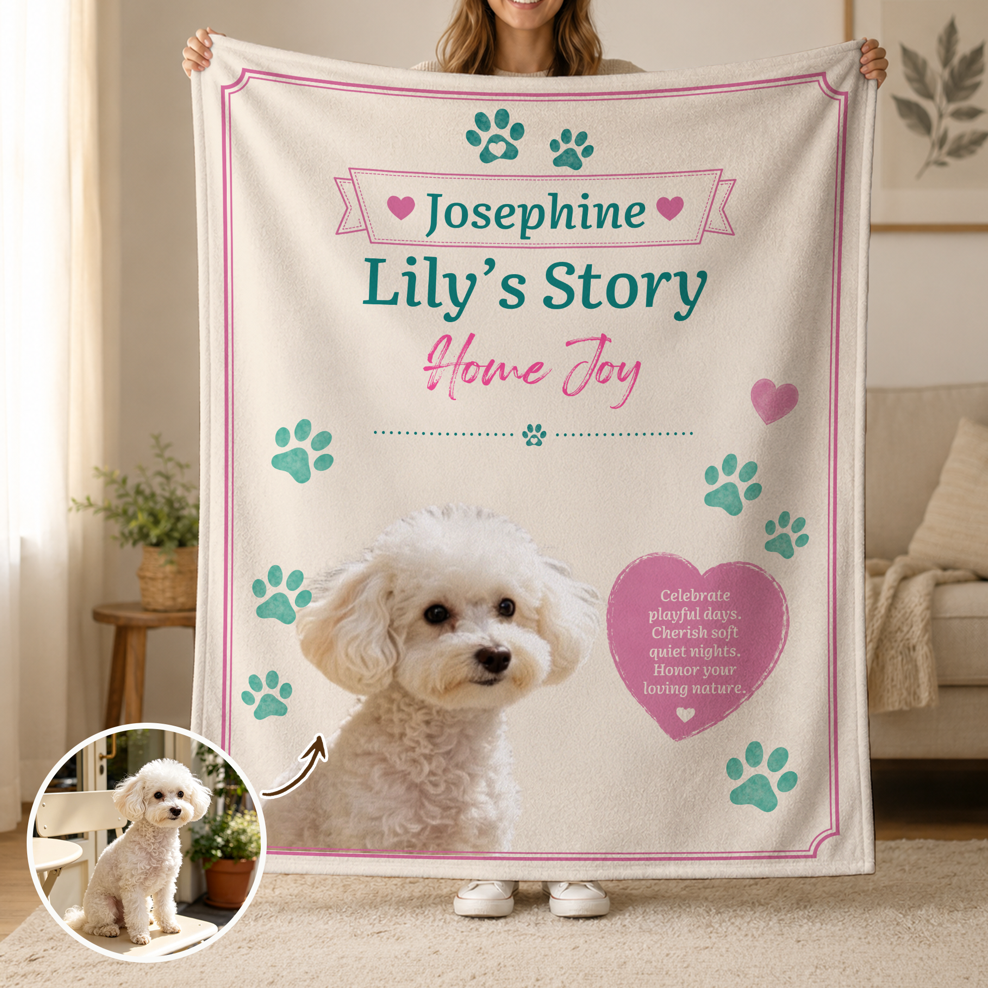 Individuell gestaltete, mehrfarbige Erinnerungsdecke mit Haustierfoto und Namen – Wohnaccessoire, Geschenk zum Geburtstag oder Jubiläum für Haustierbesitzer