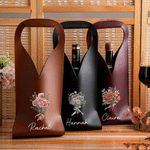 Sac de protection en cuir PU personnalisé, orné d'un bouquet de fleurs de naissance peint à l'aquarelle et portant un prénom – Cadeau de Noël ou d'anniversaire pour les amateurs de vin