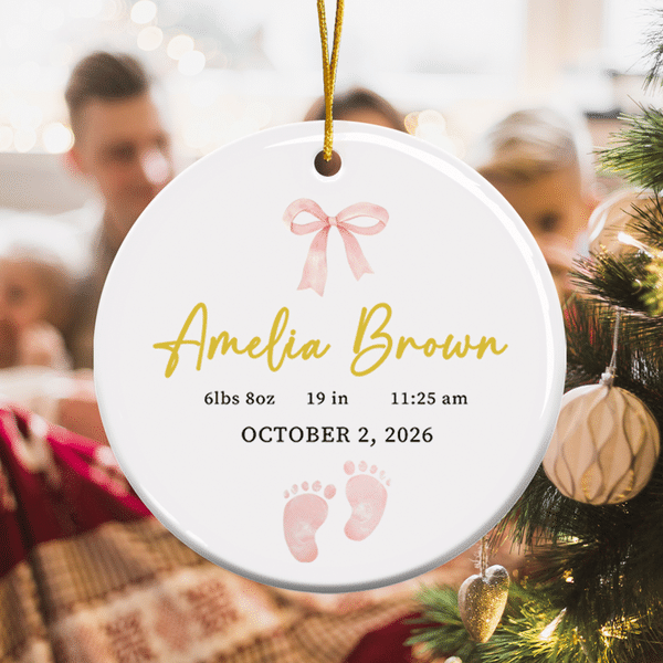Personalised Bow Feet Baby Birth Stats Ceramic Ornament with Name and Birth Date Tree Decor First Christmas Baptism Gift for Newborns New Parents