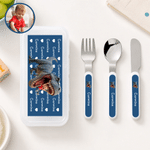 Personalized Cartoon Dinosaur Kid Character Photo Fork Spoon Knife 3 Pcs Cutlery Set with Name and Case Back to School Birthday Gift for Boys Girls