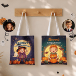 Gepersonaliseerde Halloween-thema fotodraagtas met pompoen, spook, vleermuis en stripfiguur, voorzien van naam – Halloween-cadeau voor kinderen