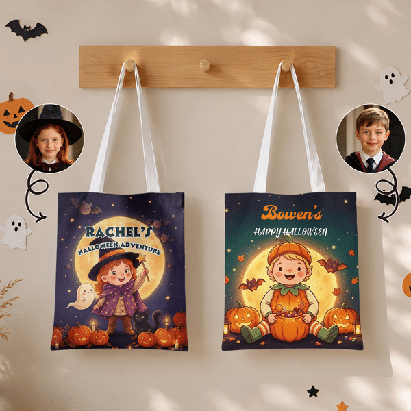 Borsa tote personalizzata a tema Halloween con zucca, fantasma, pipistrello e personaggi dei cartoni animati, con foto e nome: regalo di Halloween per bambini