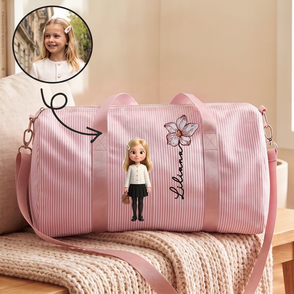 Personalized Birth Flower 3D-Effect Artwork Cartoon Character Large Seersucker Duffle Bag with Name Travel Essential Birthday Gift for Kids