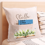 Personalized Retro Watercolor Birth Flower Book Pattern Soft Cozy Throw Pillow Cover with Name and Book Pocket Christmas Gift for Reading Enthusiast