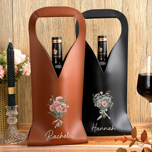 Personalised Watercolor Birth Flower Bouquet PU Leather Protective Wine Bag with Name Christmas Birthday Gift for Wine Lovers
