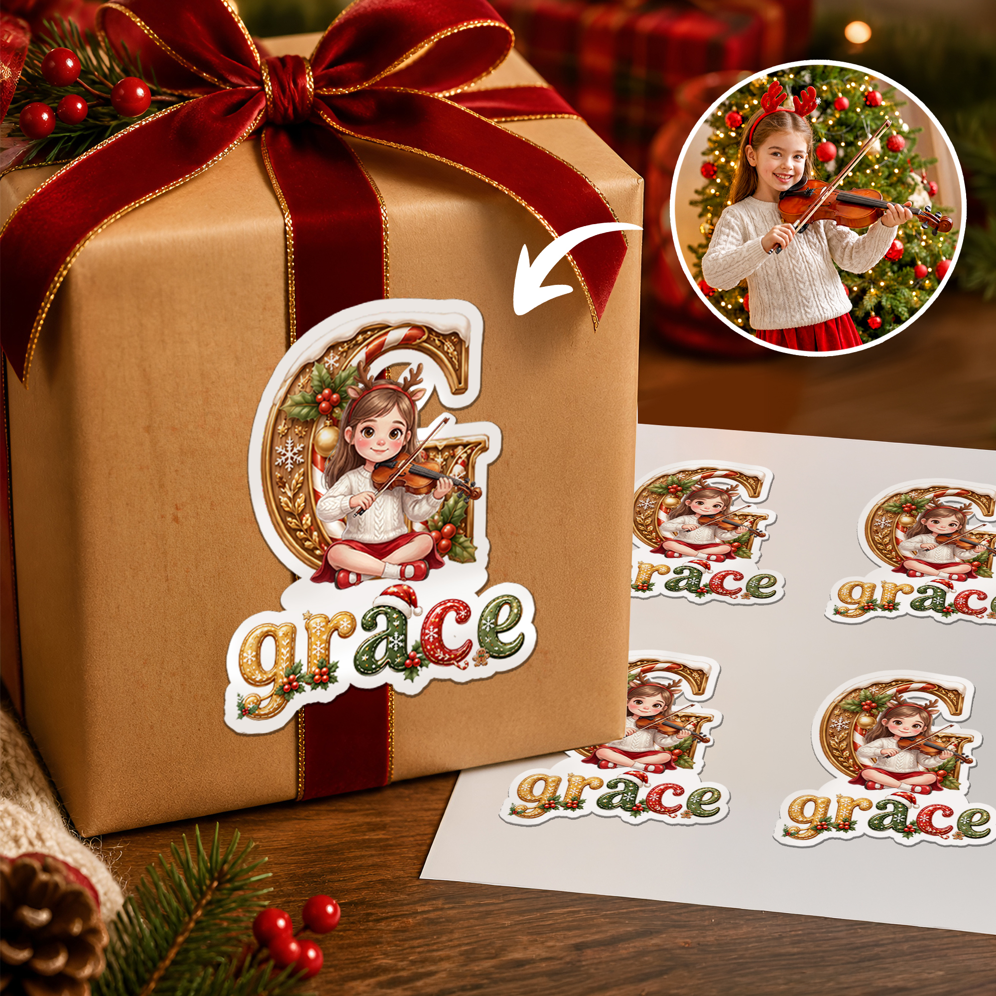 Individuell gestaltete Fotoaufkleber mit 3D-Effekt im Weihnachtsdesign: Cartoon-Figuren im Sitzen mit Namen – Geschenkdekoration, Weihnachtsgeschenk für Freunde