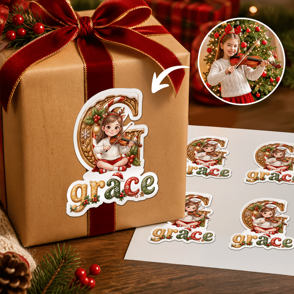 Personalized Christmas Theme 3D-Effect Artwork Cartoon Sitting Character Photo Stickers with Name Gift Decor Christmas Holiday Gift for Friends