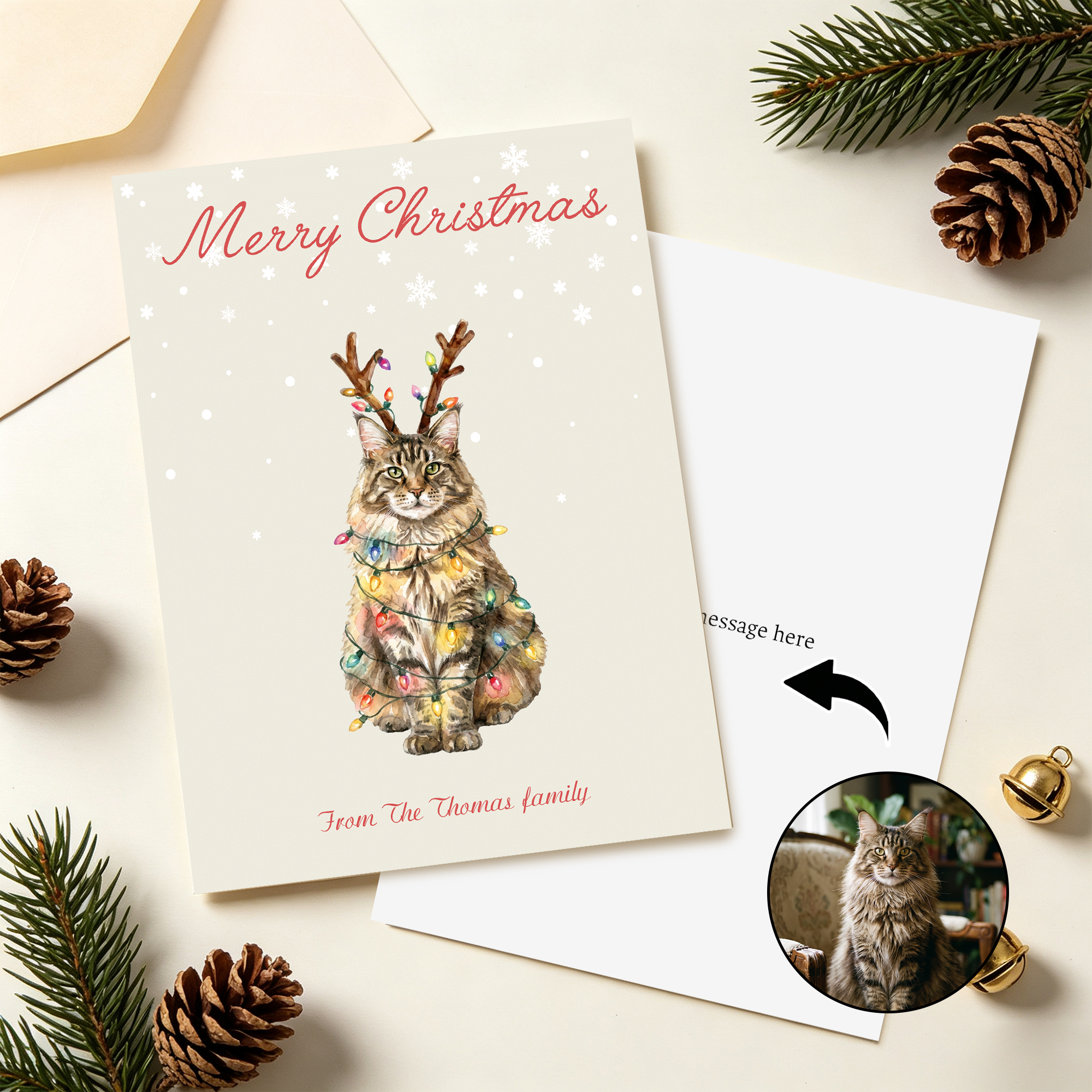 Personalisierte Weihnachtsgrußkarte mit Schneeflocken-Motiv, „Frohe Weihnachten“-Aufschrift und Aquarellbild Ihres Haustiers – mit Titel und Text – Weihnachtsgeschenk für Familie, Freunde und Tierlieb