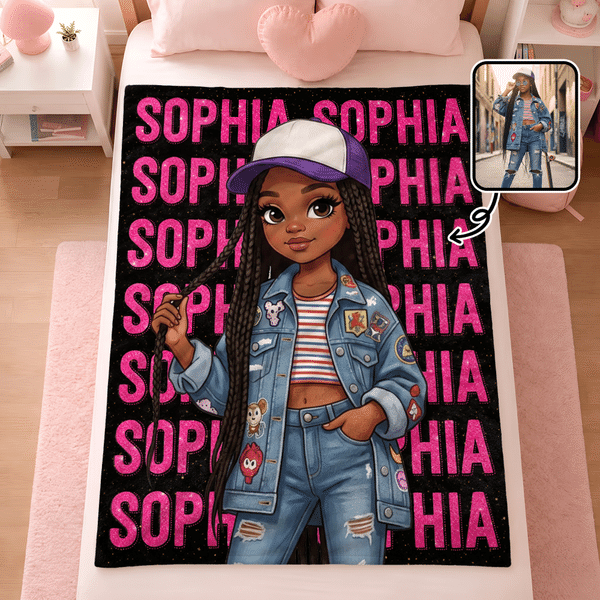 Manta suave personalizada con diseño de dibujos animados en 3D de una niña y un niño negros, con nombre; decoración para el hogar y regalo de cumpleaños para niños y adolescentes negros