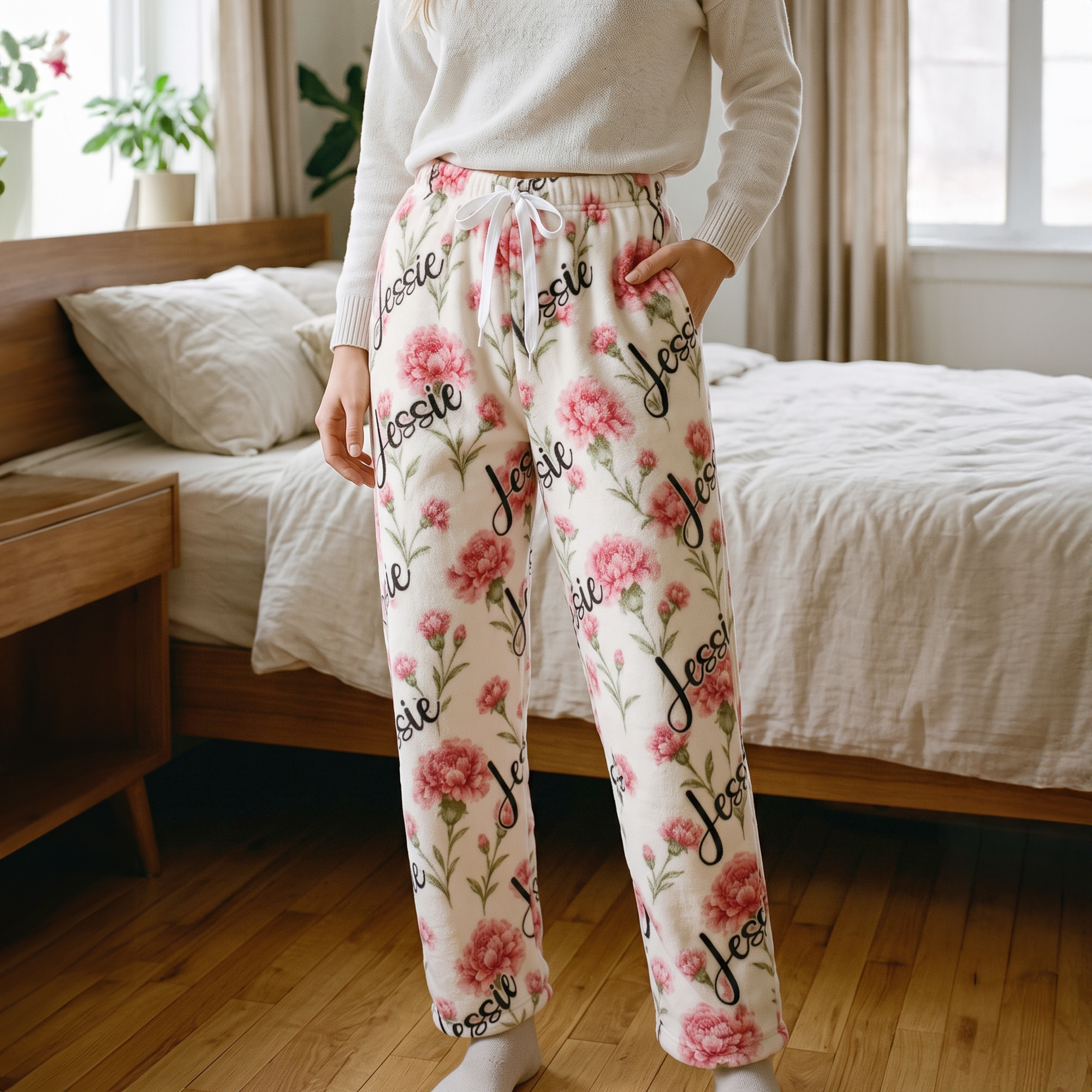 Individuell gestaltete Schlafanzughose aus weichem Fleece mit Geburtsblume, Namestasche und Kordelzug – Alltagsbekleidung und Geburtstagsgeschenk für Familie und Freunde