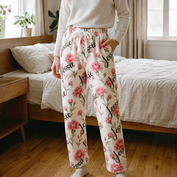 Pantalones de pijama de felpa suave personalizados con la flor del mes de nacimiento, bolsillo con el nombre y cordón ajustable; para uso diario, regalo de cumpleaños para familiares y amigos