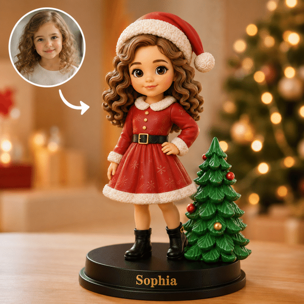 Figurine personnalisée de Noël représentant le Père Noël et un lutin, imprimée en 3D à partir d'une photo, avec inscription et socle en bois – Décoration festive et cadeau de Noël pour la famille et l
