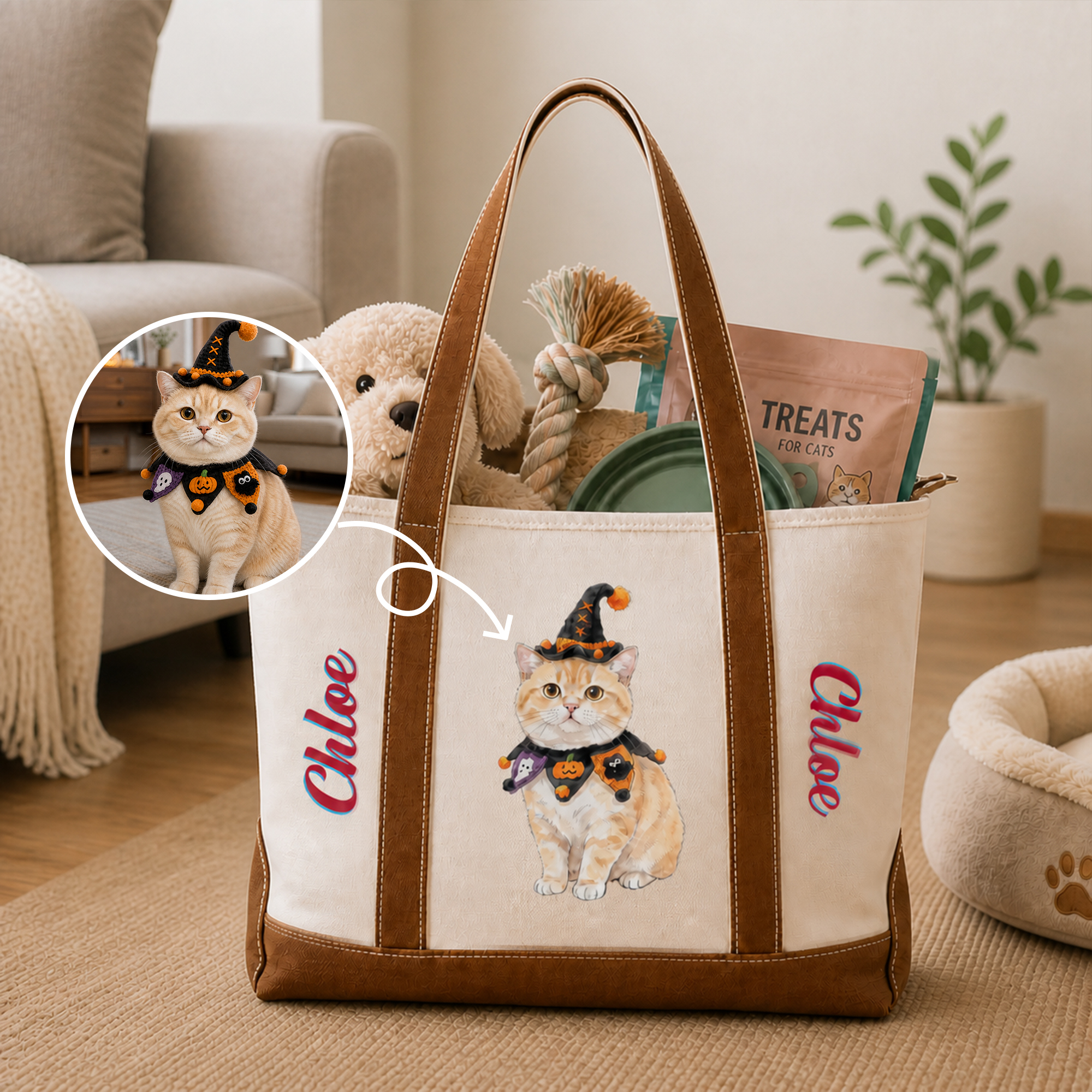 Individuell gestaltete, niedliche Canvas-Tragetasche mit Cartoon-Motiv, Haustierfoto und Namen in verschiedenen Farben – für den täglichen Gebrauch, als Geschenk zum Geburtstag eines neuen Welpen für