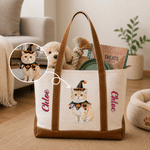 Personalized Cute Cartoon Pet Photo Multicolour Canvas Tote Bag with Name Daily Use New Puppy Birthday Gift for Pet Owner Parent Lover