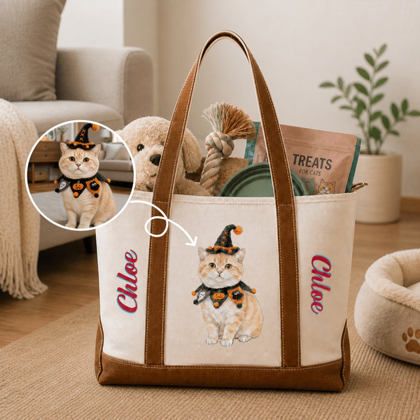 Personalised Cute Cartoon Pet Photo Multicolour Canvas Tote Bag with Name Daily Use New Puppy Birthday Gift for Pet Owner Parent Lover