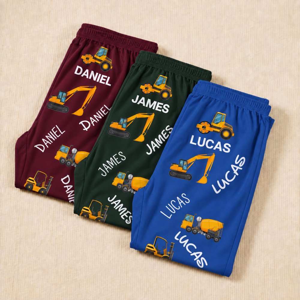 Personalised Multicolour Construction Lorry Excavator Forklift Soft Pyjama Bottoms with Name Daily Wear Birthday Gift for Boys Kids 2