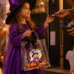 Sachet cadeau transparent personnalisé pour Halloween, orné d'un personnage de dessin animé représentant une sorcière dans une citrouille, avec ruban et prénom – Cadeau d'Halloween pour enfants