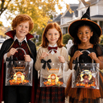 Sachet cadeau transparent personnalisé pour Halloween, orné d'un personnage de dessin animé représentant une sorcière dans une citrouille, avec ruban et prénom – Cadeau d'Halloween pour enfants