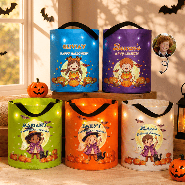 Personalized Pumpkin Ghost Bat Cartoon Character Photo LED Light Bucket Bag with Name Halloween Trick or Treat Gift for Children