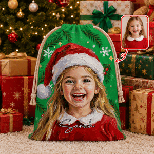 Personalized Oil Painting Style Photo Multicolor Large Drawstring Christmas Gift Bag with Name Christmas Party Gift for Kids Friends