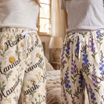 Pantalones de pijama de felpa suave personalizados con la flor del mes de nacimiento, bolsillo con el nombre y cordón ajustable; para uso diario, regalo de cumpleaños para familiares y amigos