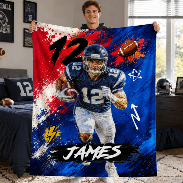Personalized Graffiti Oil Painting Style Photo Soft Throw Blanket with Name Football Club Birthday Gift for Football Player