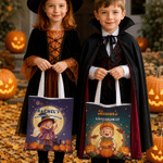 Gepersonaliseerde Halloween-thema fotodraagtas met pompoen, spook, vleermuis en stripfiguur, voorzien van naam – Halloween-cadeau voor kinderen