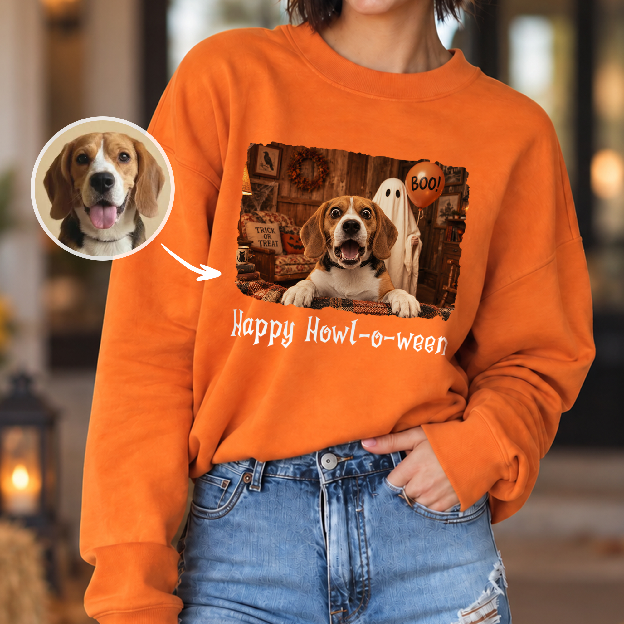 Personalisiertes Halloween-T-Shirt, Sweatshirt oder Kapuzenpullover mit Foto von Katze, Hund, Hütte, Boo oder Geist für Kinder und Erwachsene – mit Namen – Party- und Halloween-Geschenk für Tierfreunde