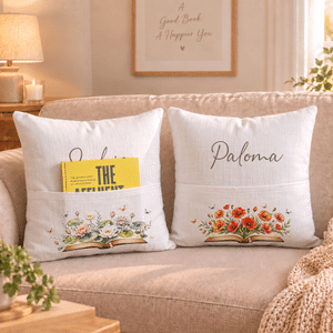 Personalized Retro Watercolor Birth Flower Book Pattern Soft Cozy Throw Pillow Cover with Name and Book Pocket Christmas Gift for Reading Enthusiast