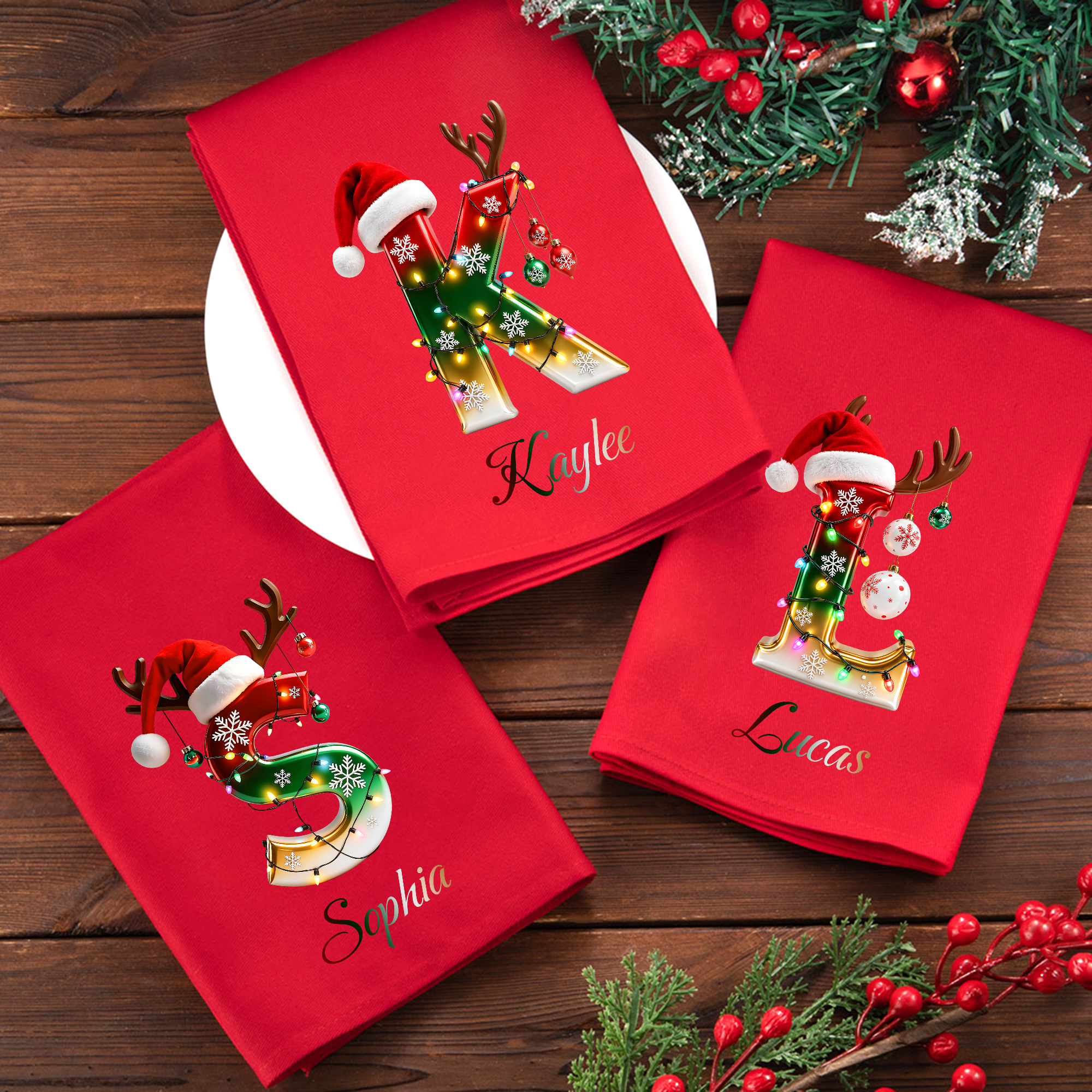 Personalisierte Serviette mit Initiale im Lichterketten-Design | 100% Baumwolle | Festliche Tischdeko | Weihnachtsgeschenk für Familie & Freunde