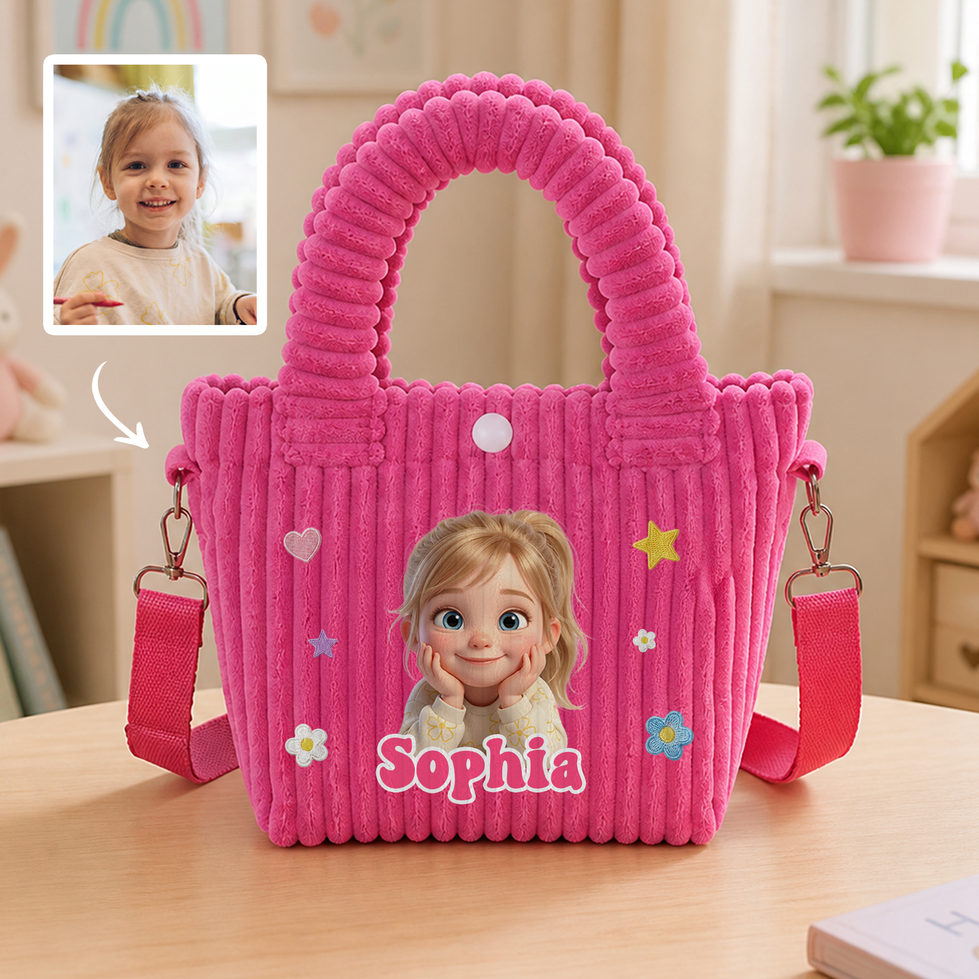 Personalisierte, niedliche Umhängetasche aus Cord für Kinder mit Stern- und Blumen-Cartoon-Motiv und Foto – mit Namen – als Geschenk zum Geburtstag oder zum Schulanfang für Mädchen