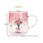 Tasse en verre 430 ml personnalisée avec fleur de naissance et nom - Design de cœur en bas - Cadeau d'anniversaire fête pour les femmes