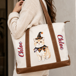 Personalized Cute Cartoon Pet Photo Multicolour Canvas Tote Bag with Name Daily Use New Puppy Birthday Gift for Pet Owner Parent Lover