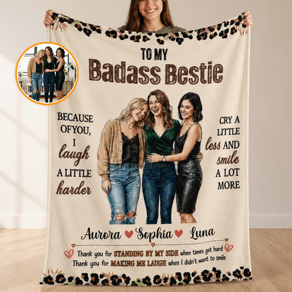 Personalized Badass Bestie Photo Design Soft Throw Blanket with Name and Title Bedroom Decor Birthday Gift for Friends