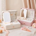 Personalized Birth Flower Bouquet Multi-Compartment Jewellery Box with LED Makeup Mirror Travel Essential Birthday Gift for Women
