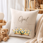 Personalized Retro Watercolor Birth Flower Book Pattern Soft Cozy Throw Pillow Cover with Name and Book Pocket Christmas Gift for Reading Enthusiast