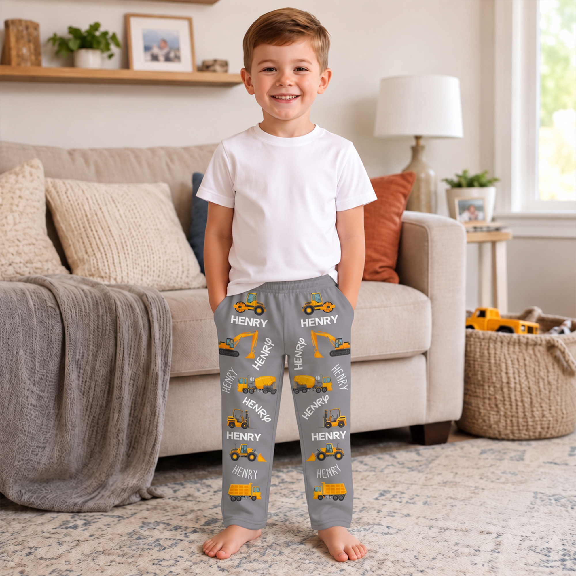 Individuell gestaltete, mehrfarbige Pyjama-Hose mit Baustellenmotiven (Bagger, Gabelstapler) und Namensaufdruck – für den Alltag und als Geburtstagsgeschenk für Jungen und Kinder