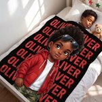 Manta suave personalizada con diseño de dibujos animados en 3D de una niña y un niño negros, con nombre; decoración para el hogar y regalo de cumpleaños para niños y adolescentes negros