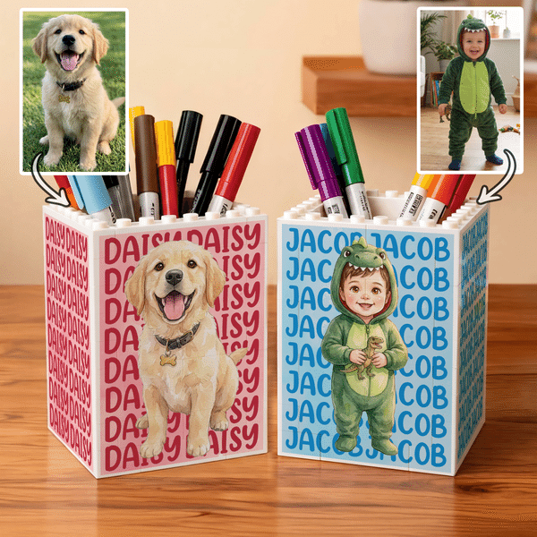 Personalized Watercolor Cartoon Photo Building Blocks Brick Pen Holder with Name Daily Use Desk Decor Birthday Back To School Gift for Kid