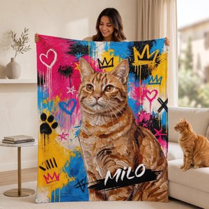 Coperta morbida personalizzata, con foto di animale in stile graffiti a olio e nome - Regalo di compleanno per amanti di animali e famiglie