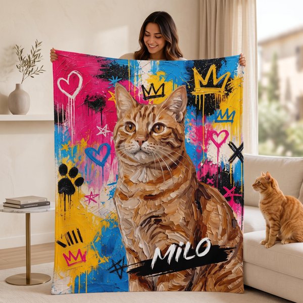Coperta morbida personalizzata, con foto di animale in stile graffiti a olio e nome - Regalo di compleanno per amanti di animali e famiglie