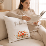Personalized Retro Watercolor Birth Flower Book Pattern Soft Cozy Throw Pillow Cover with Name and Book Pocket Christmas Gift for Reading Enthusiast