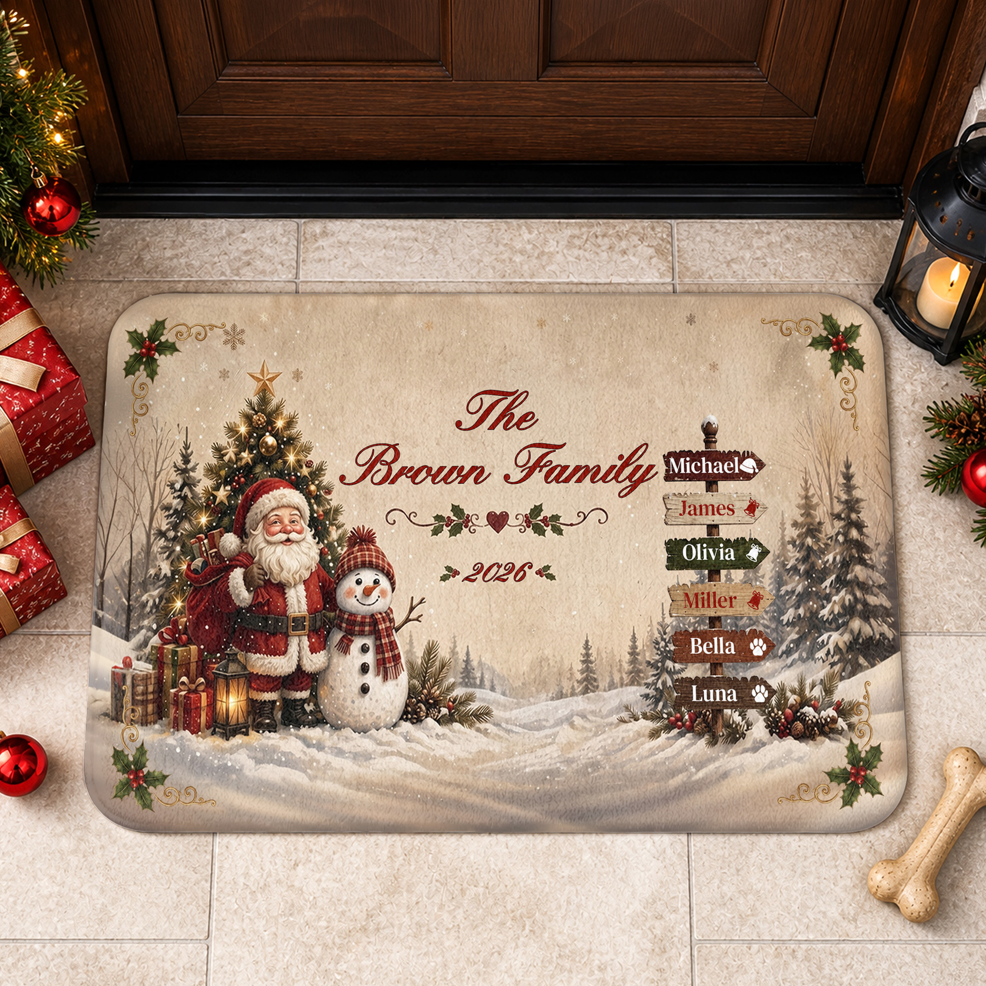 Individuell gestaltete, rutschfeste Fußmatte mit Weihnachtsmotiv und Text, Jahr und Name – Wohnaccessoire, Weihnachts- oder Einweihungsgeschenk für Familie und Eltern