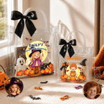 Sachet cadeau transparent personnalisé pour Halloween, orné d'un personnage de dessin animé représentant une sorcière dans une citrouille, avec ruban et prénom – Cadeau d'Halloween pour enfants